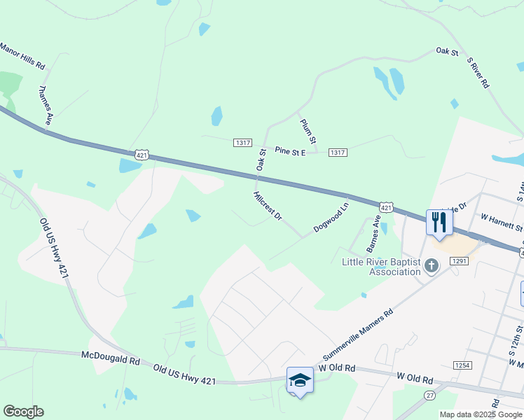 map of restaurants, bars, coffee shops, grocery stores, and more near 108 Hillcrest Dr in Lillington