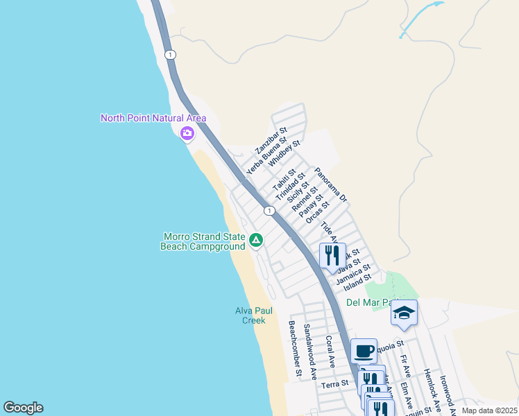 map of restaurants, bars, coffee shops, grocery stores, and more near 184 Tahiti Street in Morro Bay