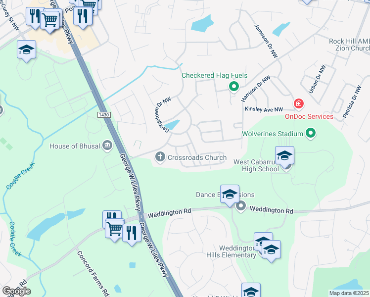 map of restaurants, bars, coffee shops, grocery stores, and more near 2552 McGinnes Place Northwest in Concord