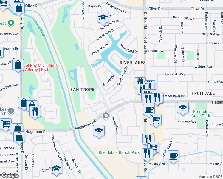 map of restaurants, bars, coffee shops, grocery stores, and more near 8515 Blue Heron Drive in Bakersfield