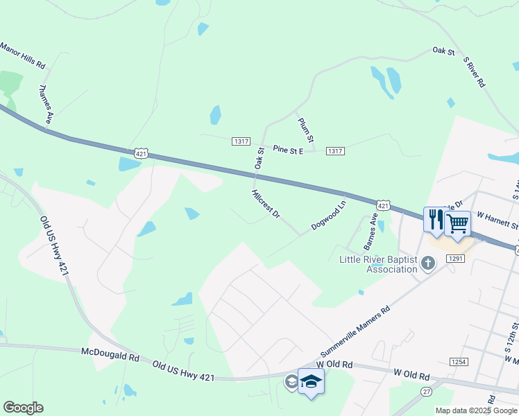 map of restaurants, bars, coffee shops, grocery stores, and more near 108 Hillcrest Dr in Lillington