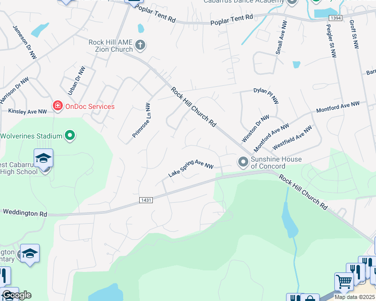 map of restaurants, bars, coffee shops, grocery stores, and more near 1141 Forrest Ridge Drive Northwest in Concord