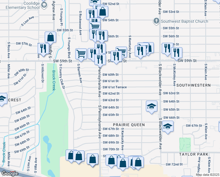 map of restaurants, bars, coffee shops, grocery stores, and more near 1604 Southwest 61st Terrace in Oklahoma City