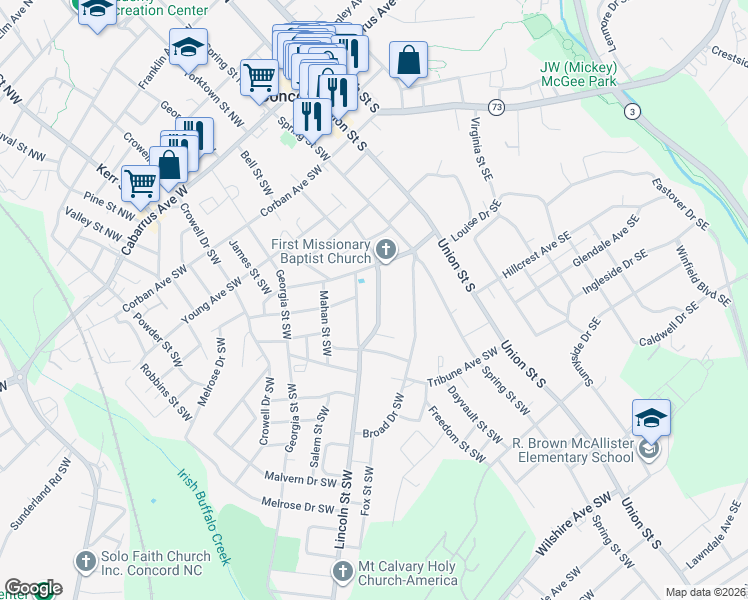 map of restaurants, bars, coffee shops, grocery stores, and more near 212 Tournament Drive Southwest in Concord