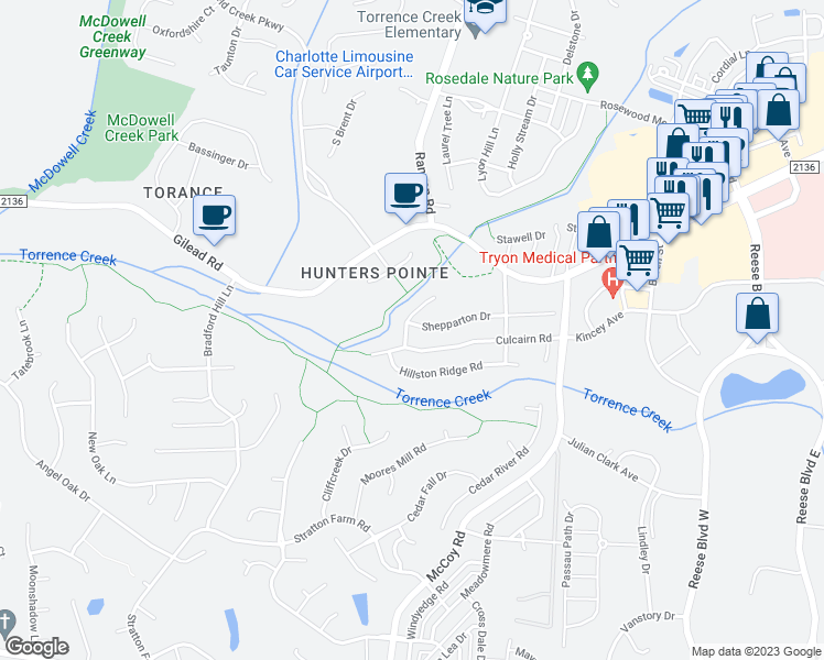 map of restaurants, bars, coffee shops, grocery stores, and more near 13318 Norseman Lane in Huntersville