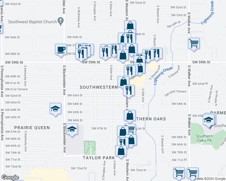map of restaurants, bars, coffee shops, grocery stores, and more near 6308 South Klein Avenue in Oklahoma City