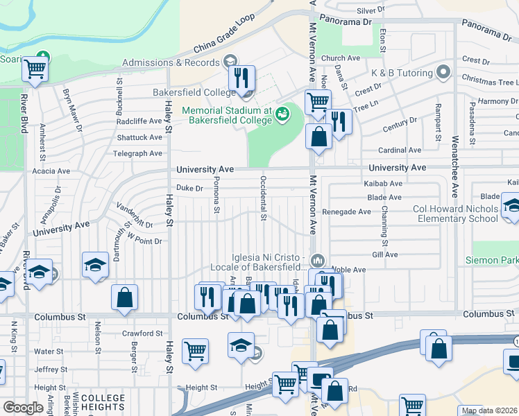 map of restaurants, bars, coffee shops, grocery stores, and more near 3300 Occidental Street in Bakersfield