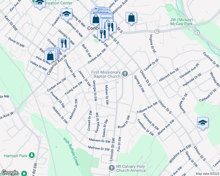 map of restaurants, bars, coffee shops, grocery stores, and more near 118 Princess Avenue Southwest in Concord