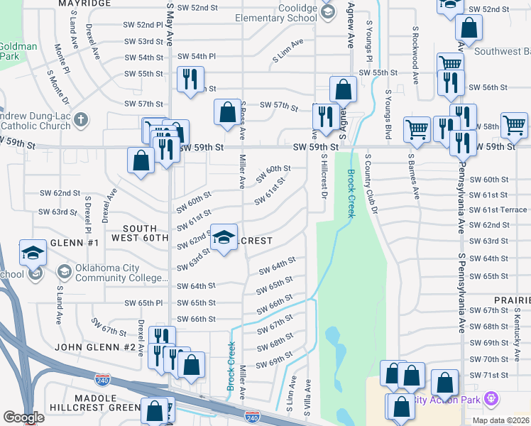 map of restaurants, bars, coffee shops, grocery stores, and more near 2629 Southwest 62nd Street in Oklahoma City