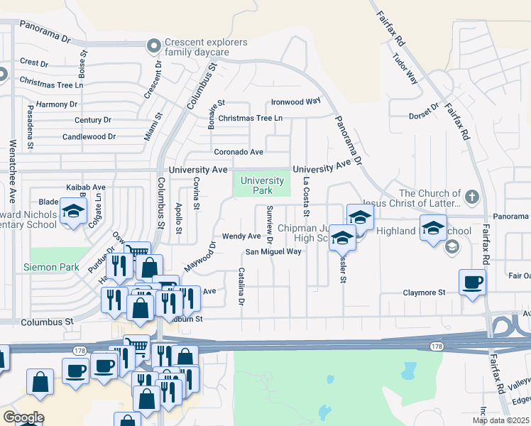 map of restaurants, bars, coffee shops, grocery stores, and more near 3208 Sunview Drive in Bakersfield