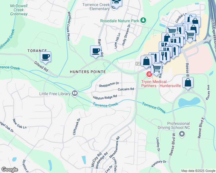 map of restaurants, bars, coffee shops, grocery stores, and more near 9212 Shepparton Drive in Huntersville
