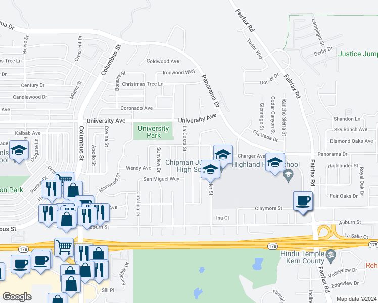 map of restaurants, bars, coffee shops, grocery stores, and more near 3211 La Costa Street in Bakersfield