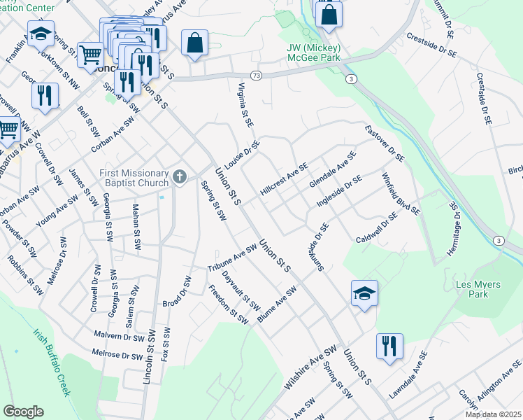 map of restaurants, bars, coffee shops, grocery stores, and more near 322 Sunset Drive Southeast in Concord