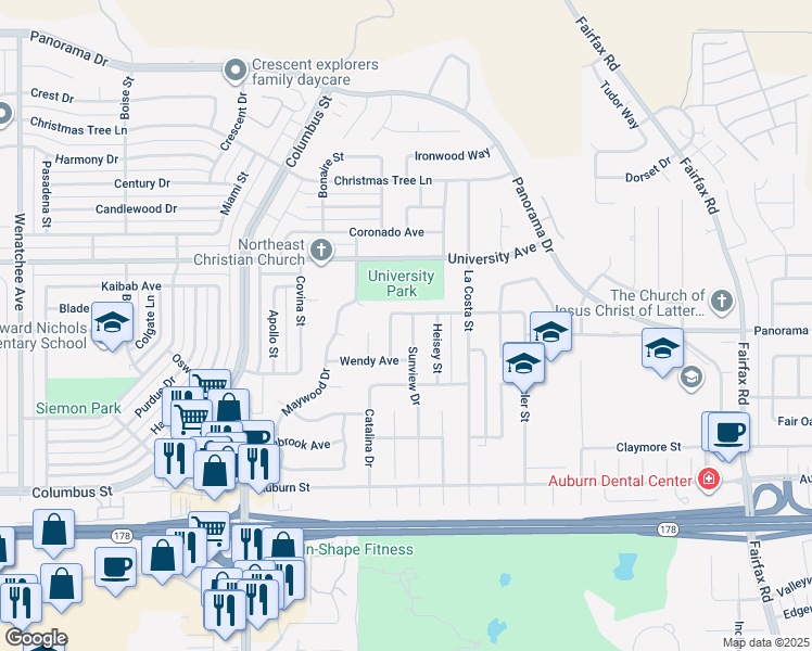 map of restaurants, bars, coffee shops, grocery stores, and more near 3208 Sunview Drive in Bakersfield
