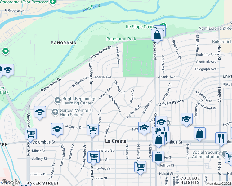 map of restaurants, bars, coffee shops, grocery stores, and more near 3010 Elmwood Avenue in Bakersfield