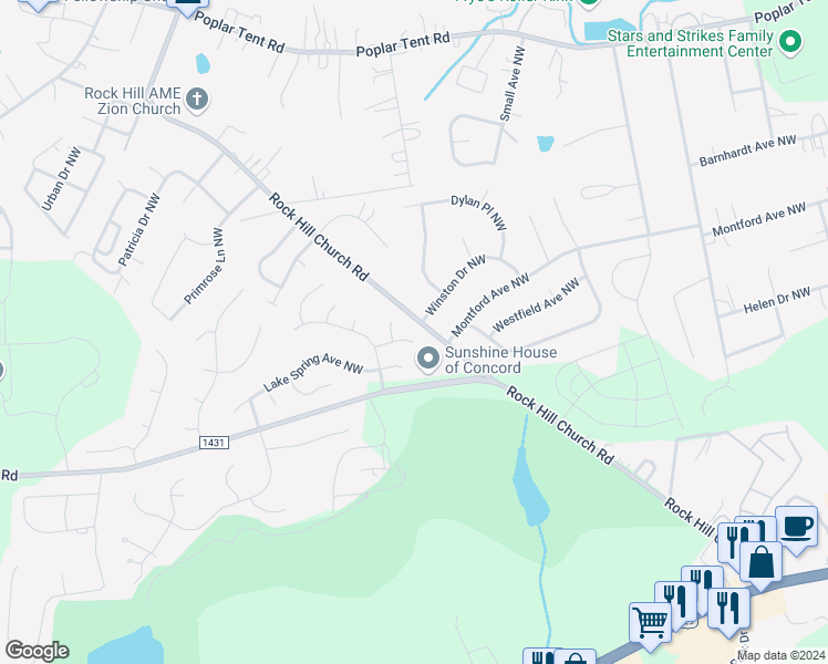 map of restaurants, bars, coffee shops, grocery stores, and more near 3648 Ivy Grove Court Northwest in Concord