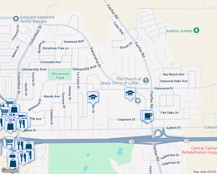map of restaurants, bars, coffee shops, grocery stores, and more near 3205 Meadow Vista Street in Bakersfield