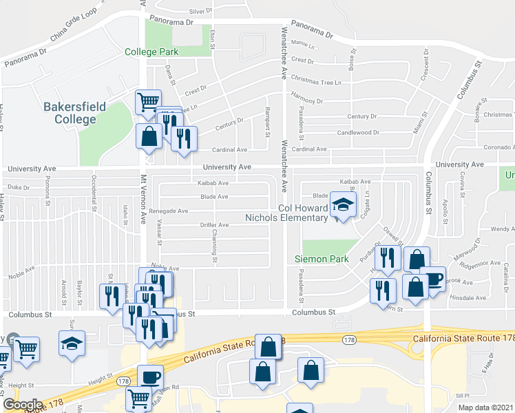 map of restaurants, bars, coffee shops, grocery stores, and more near 2906 Renegade Avenue in Bakersfield