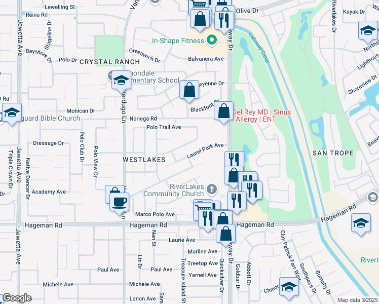 map of restaurants, bars, coffee shops, grocery stores, and more near 9916 Laurel Park Avenue in Bakersfield