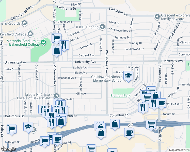 map of restaurants, bars, coffee shops, grocery stores, and more near 2906 Renegade Avenue in Bakersfield