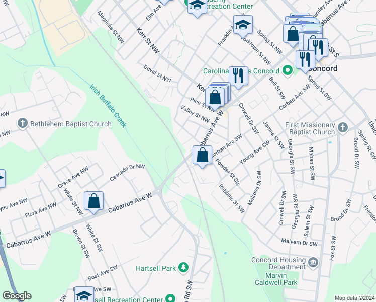 map of restaurants, bars, coffee shops, grocery stores, and more near 336 Cabarrus Avenue West in Concord