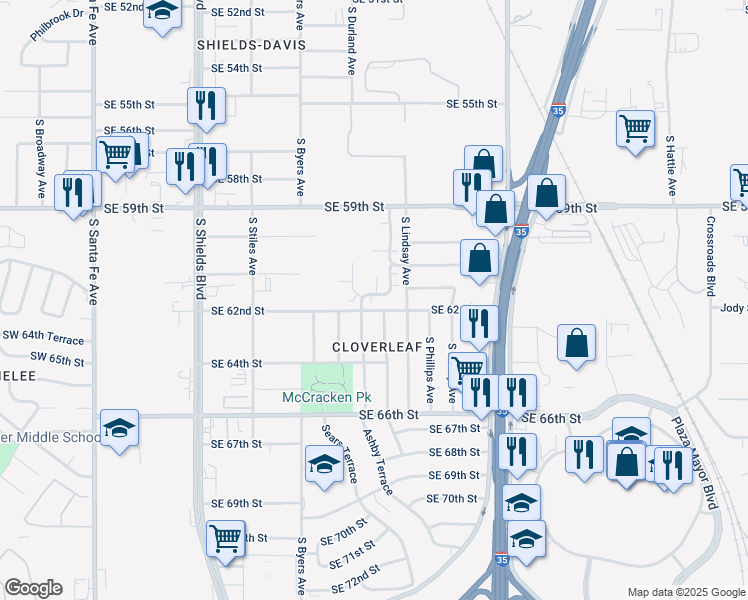 map of restaurants, bars, coffee shops, grocery stores, and more near 628 Southeast 61st Street in Oklahoma City
