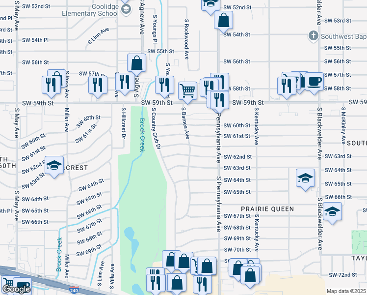 map of restaurants, bars, coffee shops, grocery stores, and more near 2208 Southwest 61st Terrace in Oklahoma City