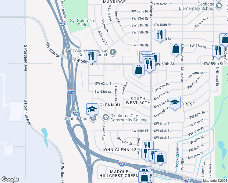 map of restaurants, bars, coffee shops, grocery stores, and more near 6324 South Drexel Place in Oklahoma City