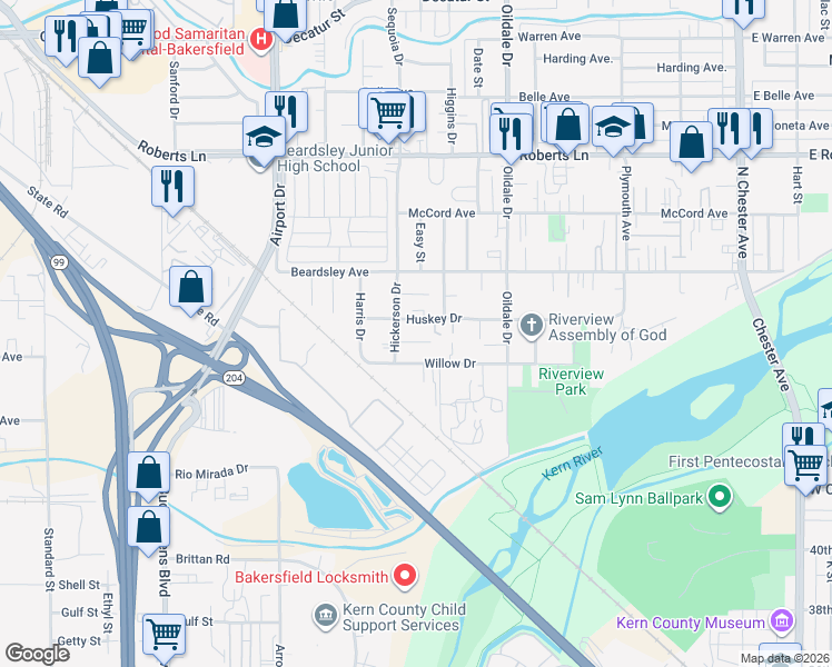 map of restaurants, bars, coffee shops, grocery stores, and more near 630 Hood Drive in Bakersfield