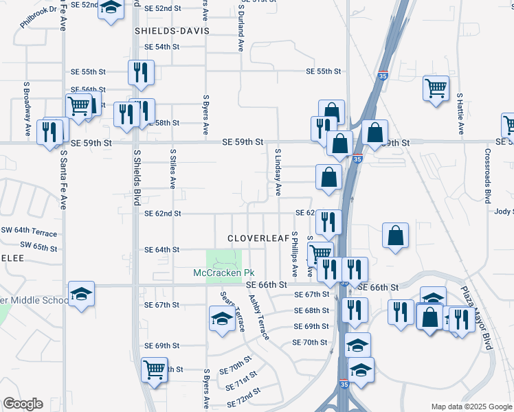 map of restaurants, bars, coffee shops, grocery stores, and more near 628 Southeast 61st Street in Oklahoma City
