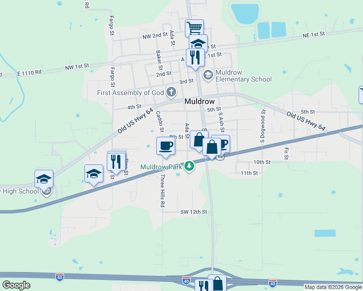 map of restaurants, bars, coffee shops, grocery stores, and more near 203 9th Street in Muldrow