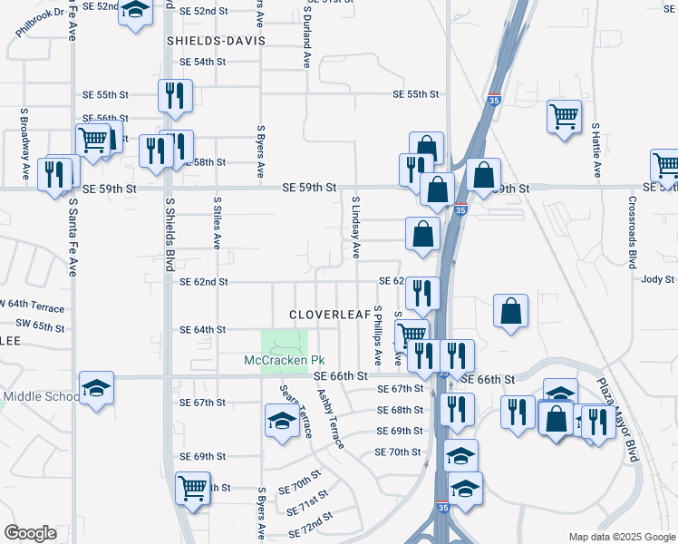 map of restaurants, bars, coffee shops, grocery stores, and more near 628 Southeast 61st Street in Oklahoma City