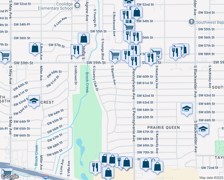 map of restaurants, bars, coffee shops, grocery stores, and more near 2208 Southwest 61st Terrace in Oklahoma City