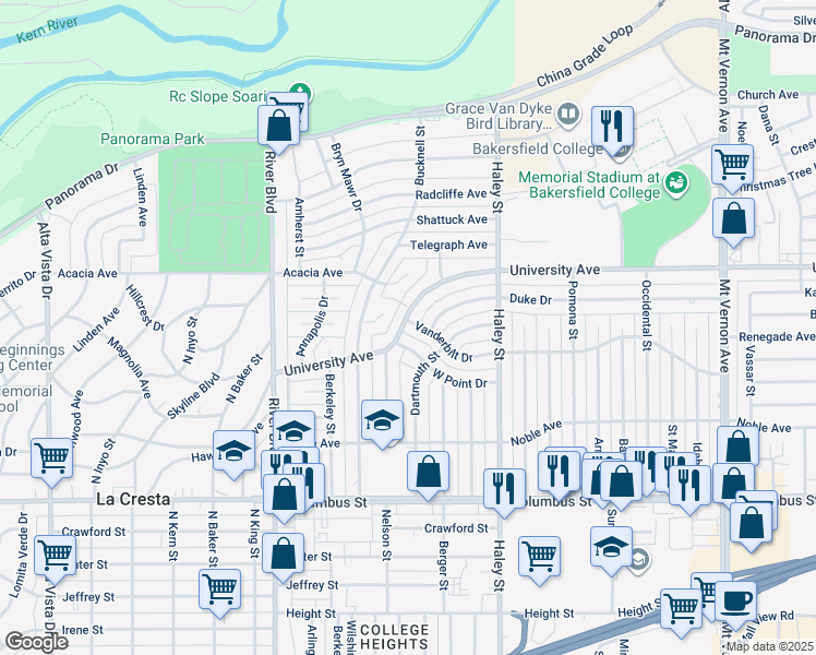 map of restaurants, bars, coffee shops, grocery stores, and more near 1101 Vanderbilt Drive in Bakersfield