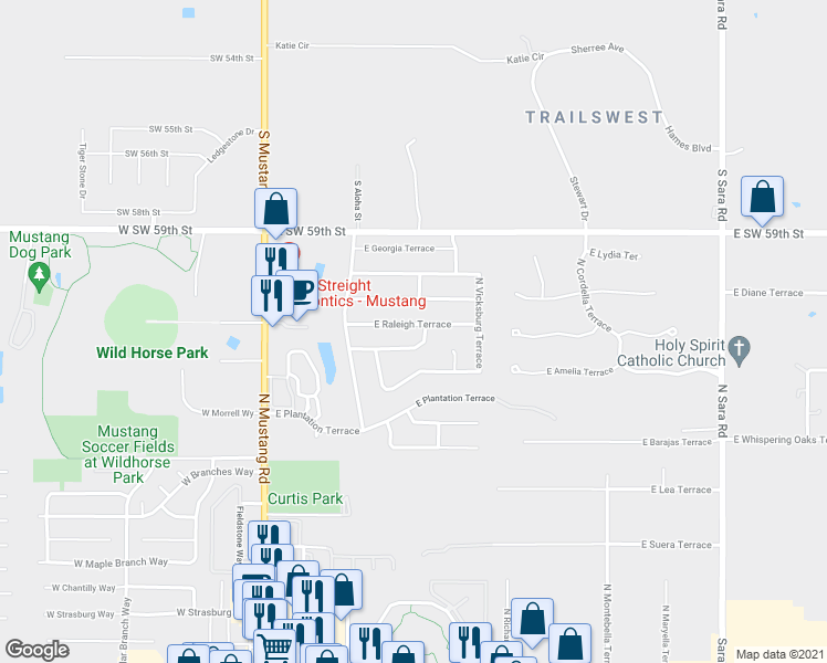map of restaurants, bars, coffee shops, grocery stores, and more near 324 East Raleigh Terrace in Mustang