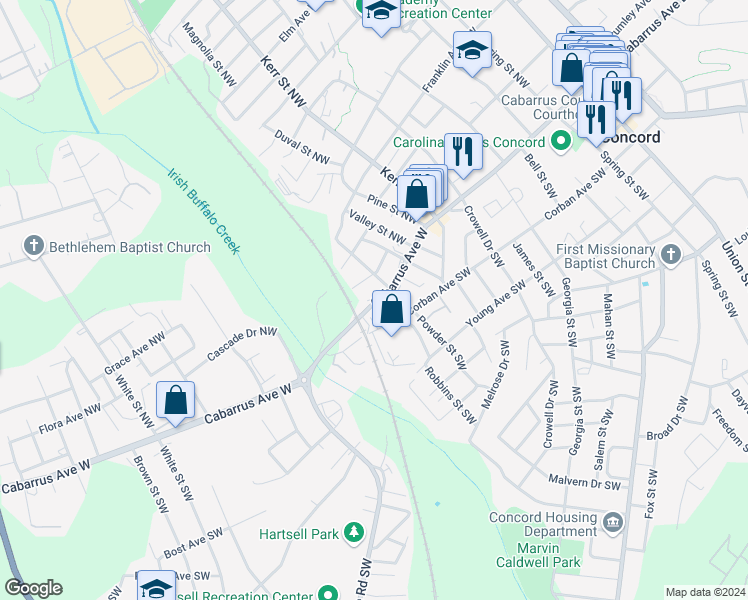 map of restaurants, bars, coffee shops, grocery stores, and more near 336 Cabarrus Avenue West in Concord