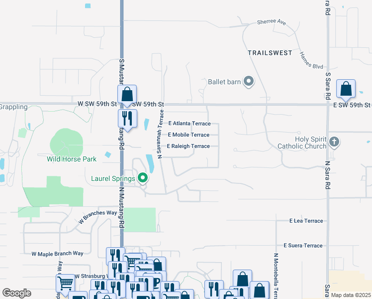 map of restaurants, bars, coffee shops, grocery stores, and more near 320 East Raleigh Terrace in Mustang