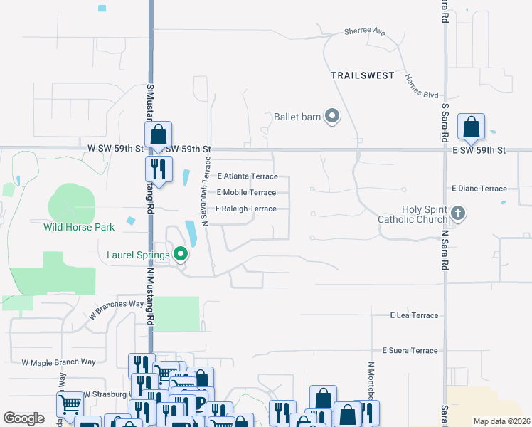 map of restaurants, bars, coffee shops, grocery stores, and more near 408 East Raleigh Terrace in Mustang
