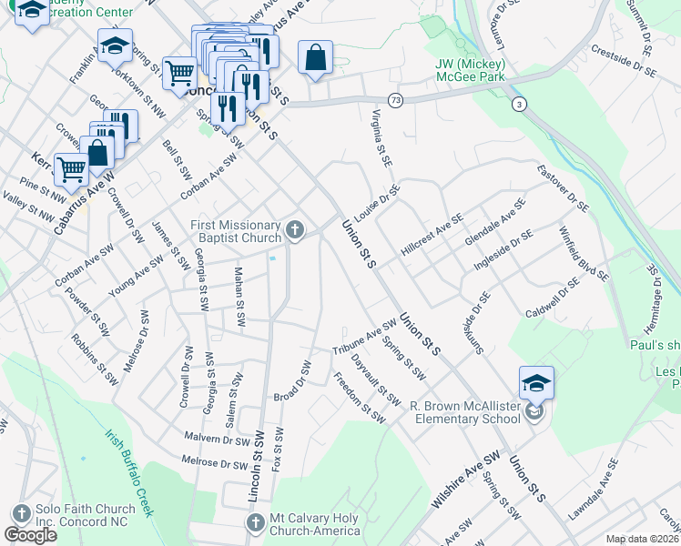 map of restaurants, bars, coffee shops, grocery stores, and more near 268 Spring Street Southwest in Concord