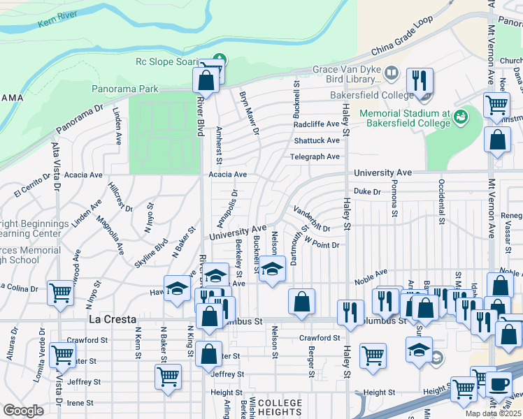 map of restaurants, bars, coffee shops, grocery stores, and more near 3217 Bucknell Street in Bakersfield