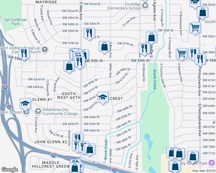 map of restaurants, bars, coffee shops, grocery stores, and more near 2706 Southwest 61st Street in Oklahoma City