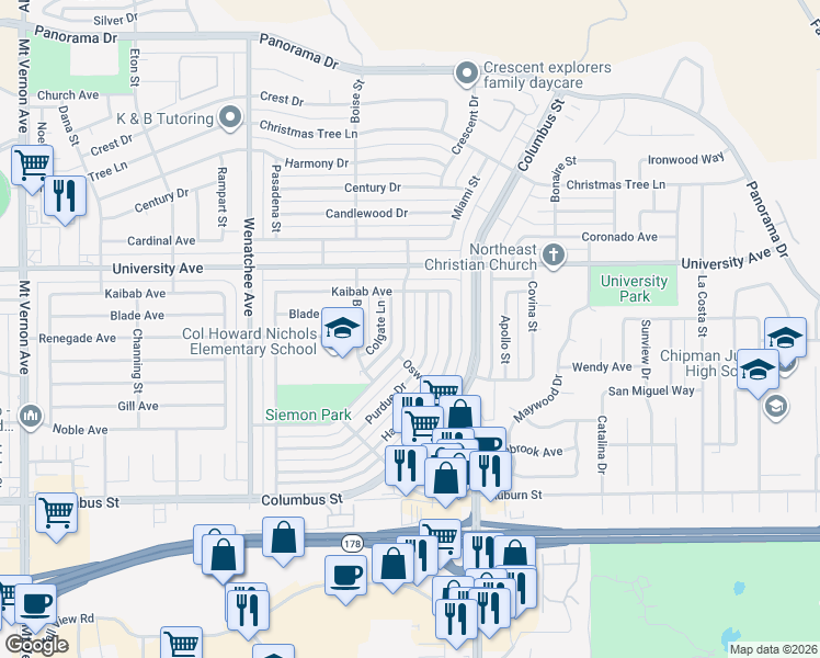 map of restaurants, bars, coffee shops, grocery stores, and more near 3623 Redlands Drive in Bakersfield