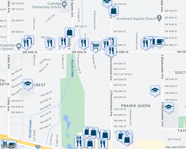map of restaurants, bars, coffee shops, grocery stores, and more near 2208 Southwest 61st Terrace in Oklahoma City