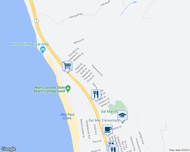 map of restaurants, bars, coffee shops, grocery stores, and more near 450 Orcas Street in Morro Bay