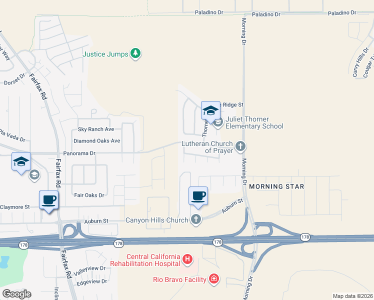 map of restaurants, bars, coffee shops, grocery stores, and more near 7200 Clifftop Way in Bakersfield
