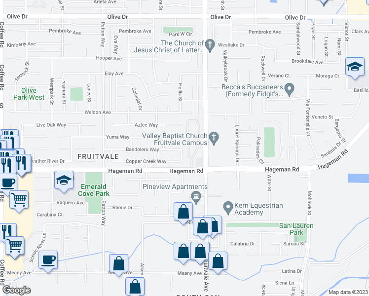 map of restaurants, bars, coffee shops, grocery stores, and more near 4820 Mecca Place in Bakersfield