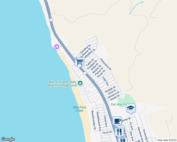 map of restaurants, bars, coffee shops, grocery stores, and more near 321 Sicily Street in Morro Bay