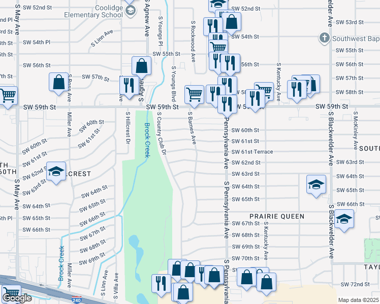 map of restaurants, bars, coffee shops, grocery stores, and more near 2208 Southwest 61st Terrace in Oklahoma City