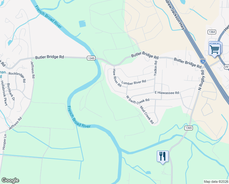 map of restaurants, bars, coffee shops, grocery stores, and more near 234 Roanoke Road in Fletcher
