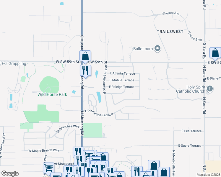 map of restaurants, bars, coffee shops, grocery stores, and more near 250 East Raleigh Terrace in Mustang